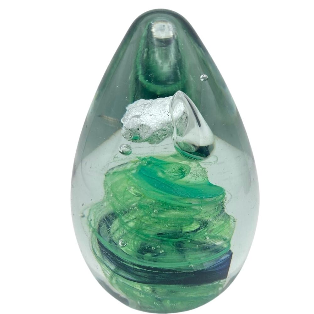 Vintage Kerry Hand Blown Glass Art Paperweight Emerald Lime Green Swirls 4" Tall